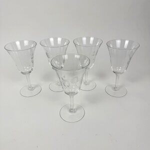 Set of 5 Vintage Rose-Etched Crystal Wine Glasses